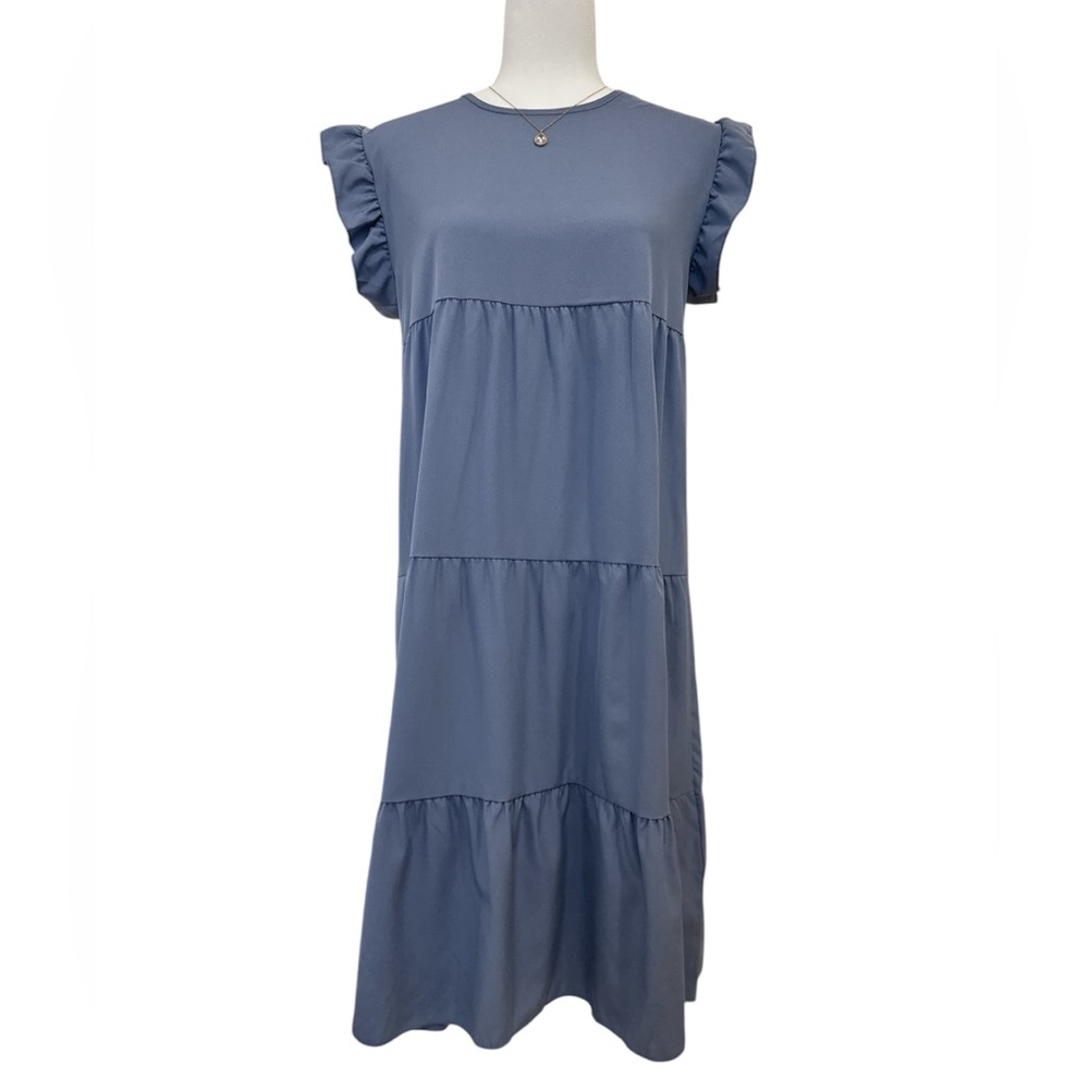 Blue Tiered Midi Dress with Ruffle Sleeves Size 6